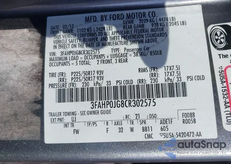 2012 Ford Fusion Sel z USA, uszkodzony, nr VIN 3FAHP0JG8CR302575